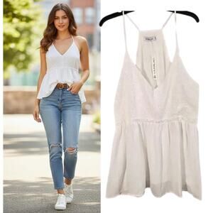 Liumilac Eyelet Peplum Top Women's 2XL White Lined Halter Neck Spaghetti Strap